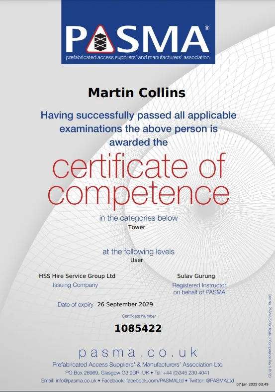 PASMA Certificate of Competence for access equipment