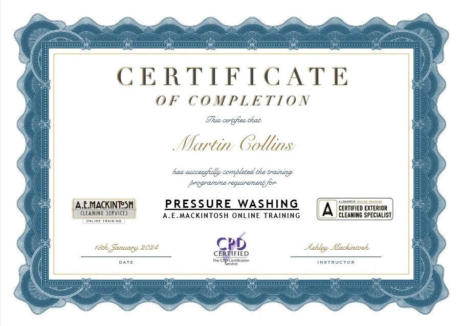 CPD Certificate of Completion in pressure washing