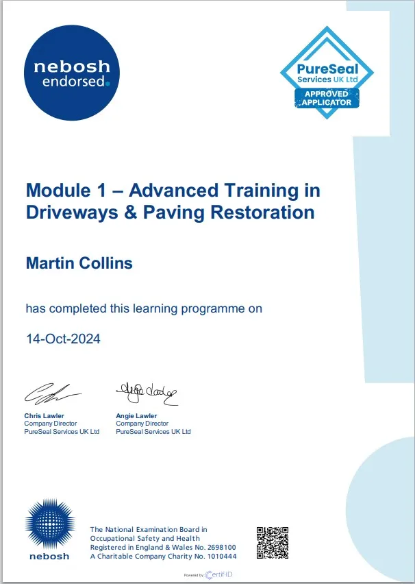PureSeal Advanced Training Certificate in Driveways and Paving Restoration